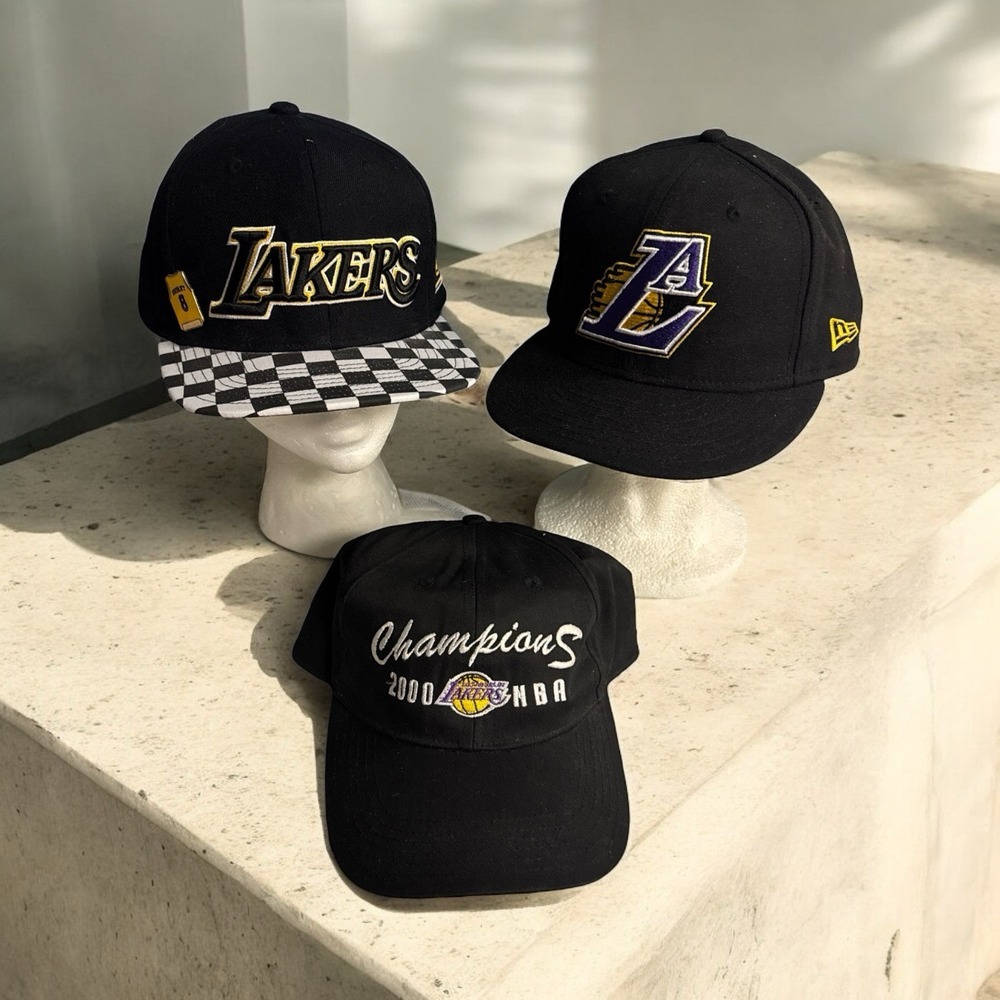 Lot Of 3 Los Angeles Lakers LA Black Snapback Hats Baseball Caps Basketball Pin